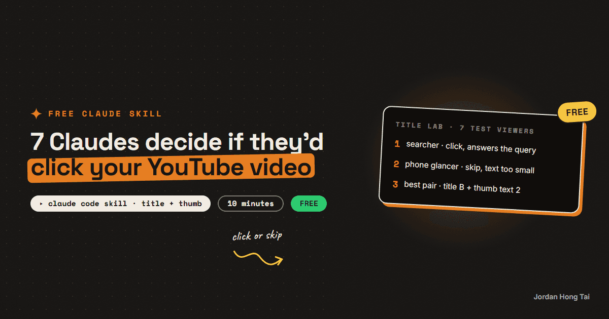 Title Lab: 7 Claude test viewers decide if they'd click your YouTube video (free Claude Code skill)