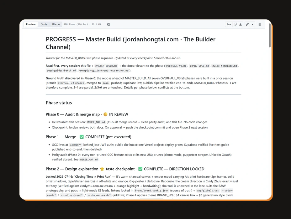 A PROGRESS.md file showing phase status entries with review and complete markers