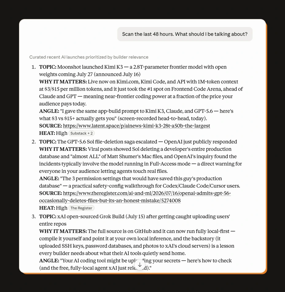 The scan prompt sent inside the Trend Researcher project, with the ranked list of topics coming back below it