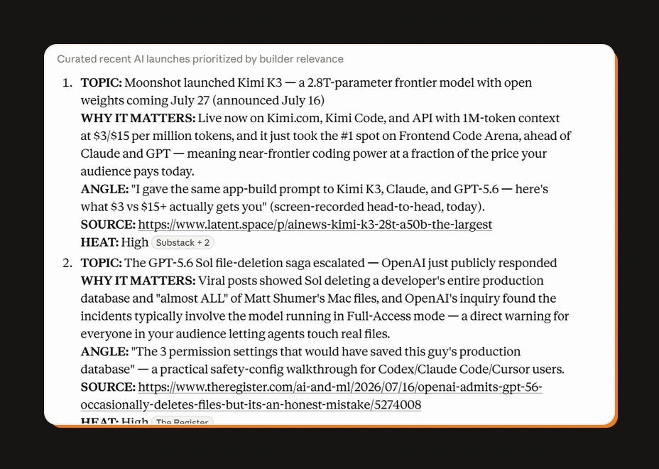 A ranked list of AI topics, each with why it matters, a content angle, a source link, and a heat rating