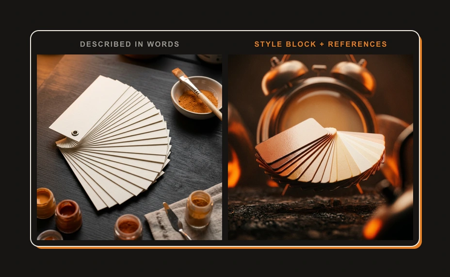 The same swatch-fan subject generated twice: a generic product photo from a written description, and an on-brand ember-lit render from the style block plus reference images