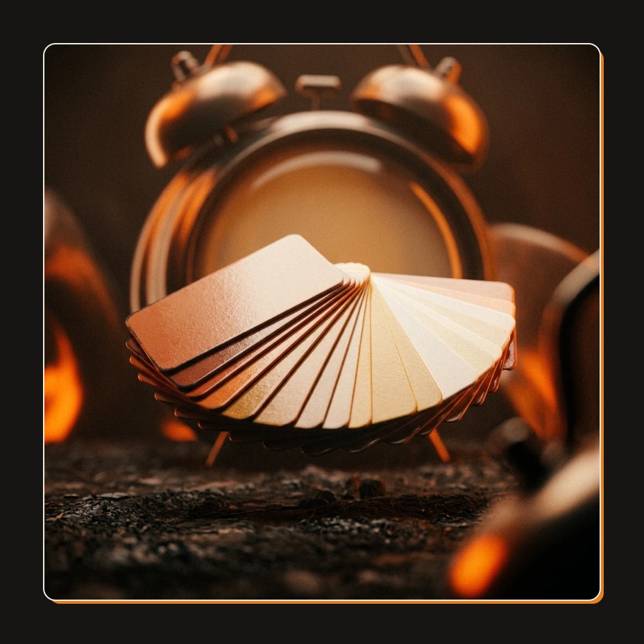 A fan of blank swatch cards rendered in the locked warm-charcoal and ember-orange style