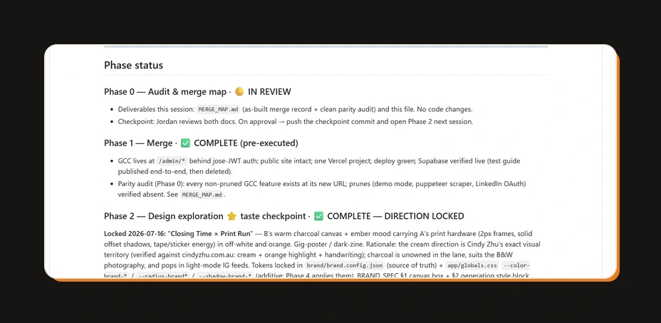 The phase status section of the rebuild's PROGRESS.md, showing the audit phase in review and later phases complete